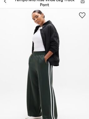 Athleta Dark Green Wide-Leg Track Pants with White Side Stripes